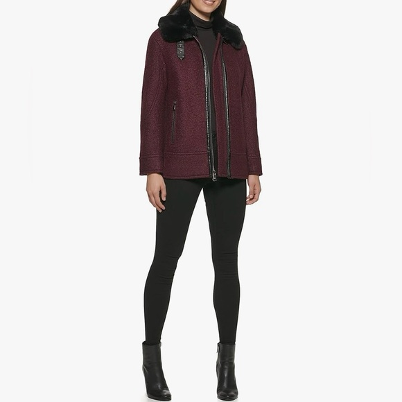 NWT Kenneth Cole wool faux fur collar burgundy women’s coat size large. - Picture 1 of 16